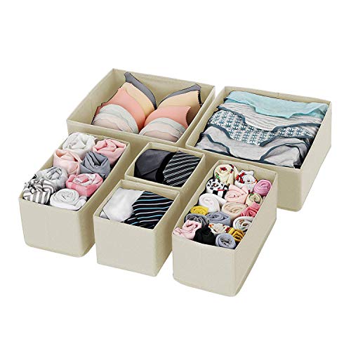 Product Cover House of Quirk Foldable Cloth Storage BoxCloset Dresser Drawer Organizer Cube Basket Bins Containers Divider with Drawers for Underwear, Bras, Socks, Ties, Scarves, Set of 6 (Beige)