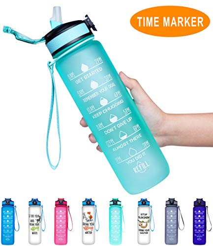 Product Cover Giotto 32oz Large Leakproof BPA Free Drinking Water Bottle with Time Marker & Straw to Ensure You Drink Enough Water Throughout The Day for Fitness and Outdoor Enthusiasts-Mint Green