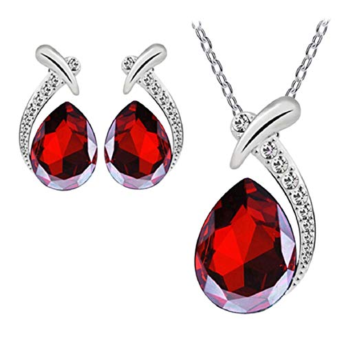 Product Cover Nobio Women Girl's Shiny Crystal Rhinestone Silver Chain Teardrop Pendent Necklace Stud Earrings Costume Fashion Jewelry Set (Red)
