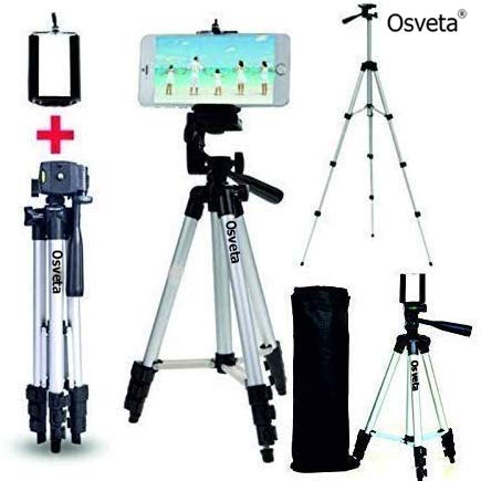 Product Cover OSVETA Adjustable Aluminium Alloy Tripod Stand Holder for Mobile Phones, 360 mm -1050 mm, 1/4 inch Screw Metal Body (Silver and Black) (Camera Stand).