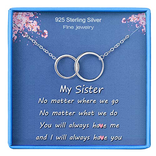 Product Cover BFF Gifts Necklace for Sister 925 Sterling Silver White Gold Plated Interlocking Infinity 2 Circles Pendant Simple Jewelry for Her Teen Friends Girls Birthday Gift from Sister Women