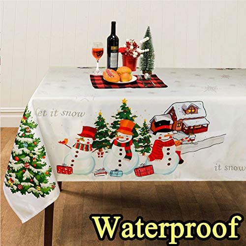 Product Cover OurWarm Christmas Tablecloth White Rectangular Snowman Table Cloths, Cotton Waterproof Christmas Table Cover for Dining Table Decorations, 60 x 84 Inches
