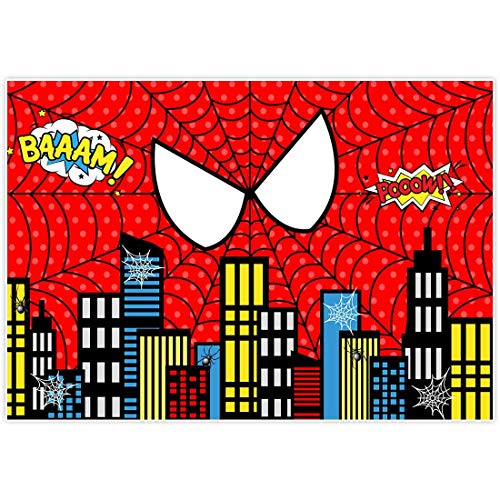 Product Cover Allenjoy 7x5ft Red Superhero Cityscape Theme Backdrop for Photography 1st First Boys Birthday Party Decorations Supplies Baby Shower Family Gathering Background Favors Decor Banner Photo Shoot Props