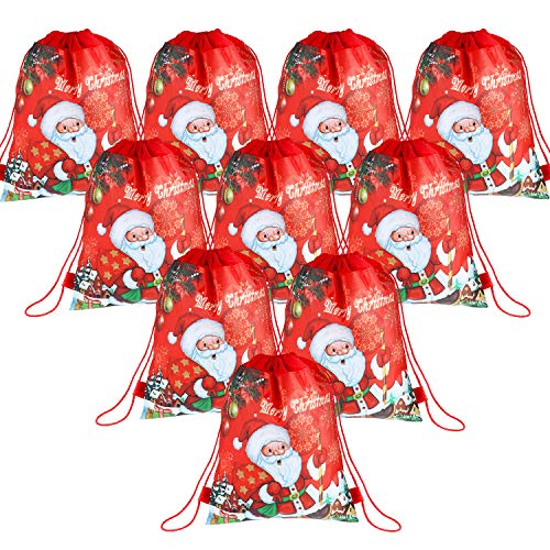 Product Cover Blulu 10 Pieces Christmas Drawstring Gift Bags Reusable Large Santa Drawstring Backpack for Xmas Party Favors, 1014