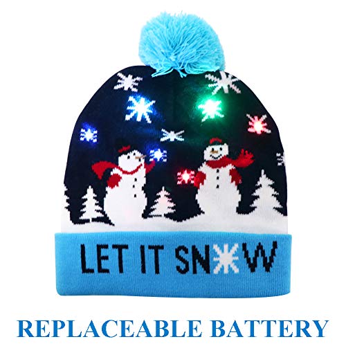 Product Cover OurWarm Light Up Christmas Hat, LED Christmas Beanie Snowflake Snowman Unisex Blue Knitted Winter Holiday Lights Hat for Party Christmas Gifts Decorations