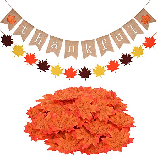 Product Cover Thanksgiving Decoration Set Burlap Thankful Banner Maple Leaves Garland Banner and 100 Pieces Artificial Maple Fall Leaves for Thanksgiving Themed Festival Party Decoration