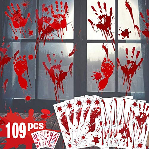 Product Cover Bloody Handprint Footprint Halloween Decorations - 109 PCS Halloween Window Clings, 8 Sheets Bloody Wall Decal Floor Clings with Tattoo Stickers, Spooky Window Stickers for Halloween Party Decorations