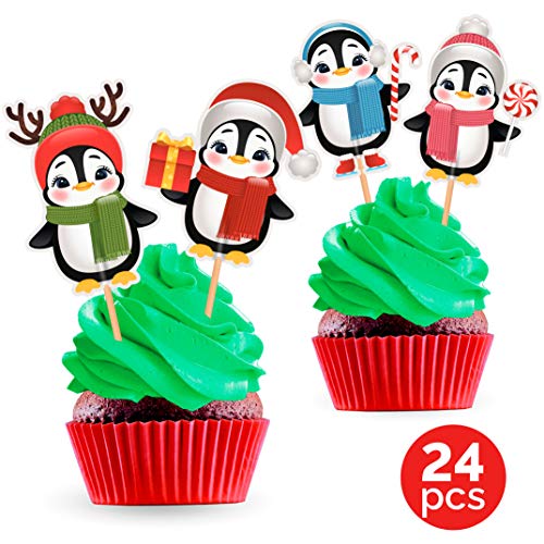 Product Cover Penguin Cupcake Toppers Cake Picks - Christmas Party Decorations Supplies for Kids Winter Holiday - 24 PCS