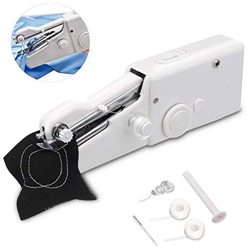 Product Cover Mini Hand Sewing Machine Portable Sewing Machine Rapid Stitching Tool AA Battery Packing with 3 Rollers Coils for Clothing, Cloth, DIY and Traveling White (White)