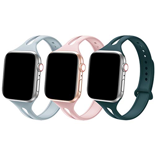 Product Cover Bandiction Sport Band Compatible with Apple Watch 38mm 40mm, Soft Silicone Sport Strap Replacement Narrow Bands for iWatch Series 5 4 3 2 1 Sport Edition Women Men (Pink Sand/Laurel/Pacific Green)