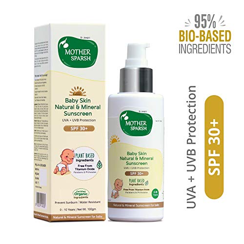 Product Cover Mother Sparsh Natural Baby Sunscreen Lotion with Organic Ingredients, SPF 30+, Plant derived 95% Bio Based Ingredients - UVA/UVB Protection, 100ml