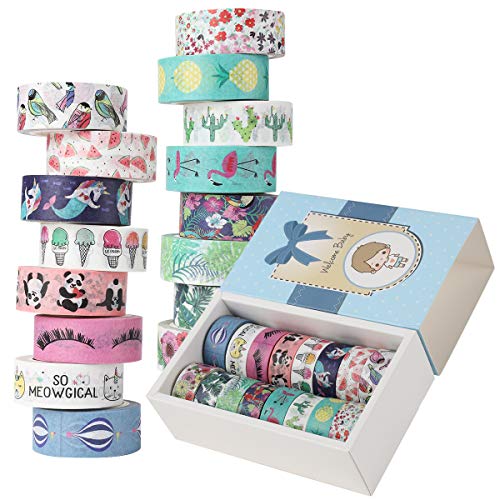 Product Cover filear 16 Rolls Washi Tape Set, Colored Masking Tape Stickers Decorative Tapes Craft 15mm Wide Collection Art Supply for Scrapbook,Bullet Journal,Teaching aid,Planner DIY Decor (Animals & Plants)