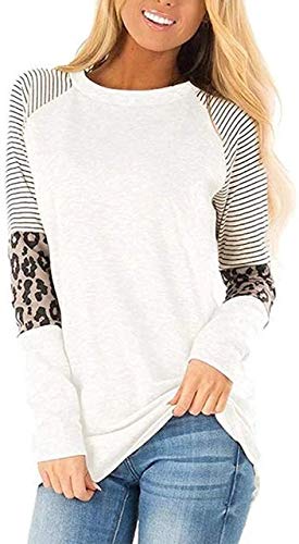 Product Cover sullcom Women Casual T Shirts Leopard Print Patchwork Tops Loose Crewneck Long Sleeve Raglan Pullovers Shirts Tops
