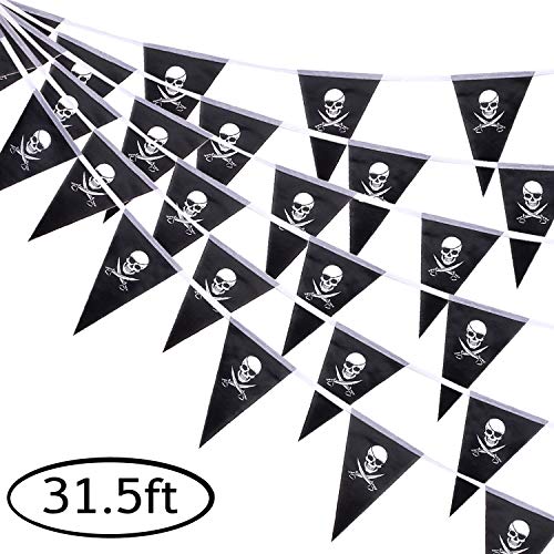 Product Cover Whaline 31.5ft Halloween Jolly Roger Banner, Skull Pirate Flags 30Pcs Triangle Flags Bunting for Halloween Party Pirate Party and Outdoor Decoration, Vivid Color and UV Fade Resistant