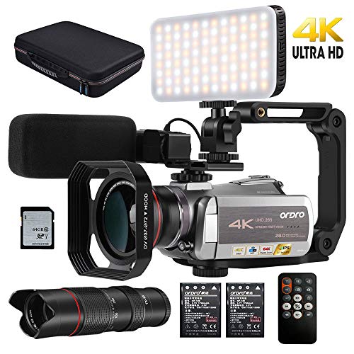 Product Cover Camcorder 4k Video Camera ORDRO 4k 30fps Vlog Camera 1080p 60fps IR Night Vision Video Recorder 3.1'' IPS WiFi Camcorder with Mic, LED Light, Wide-Angle Lens, Telescope and Carrying Case (Gold)