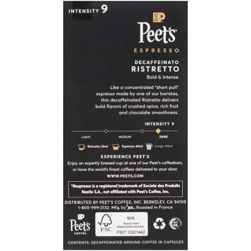 Product Cover Peet's Coffee Espresso Capsules Decaffeinato Ristretto Intensity 9, 50 Count Single Cup Coffee Pods Compatible with Nespresso Original Brewers