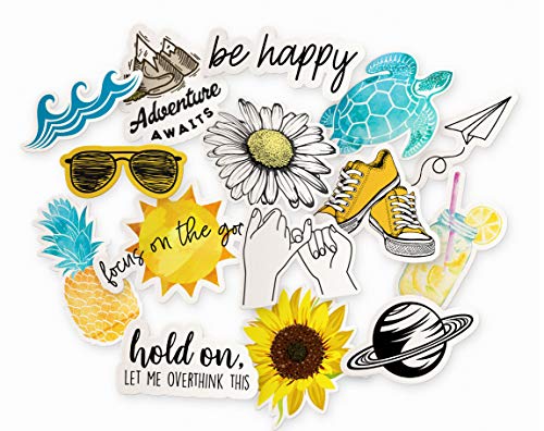 Product Cover Cool & Trendy Aesthetic Laptop Sticker Pack | 15-Pack Yellow Summer Stickers for Water Bottles | Beach Themed Ocean Hydro Flask Decal Stickers | Floral Daisy/Sunflower Stickers for Girls Laptop
