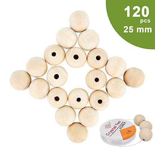 Product Cover Unfinished Wooden Beads Garland Craft - 120pcs Natural Large Round Wooden Beads for Crafts, 25 mm Wooden Beads Large Hole 6mm for Crafts DIY Wood Beads for Jewelry Making by vensovo