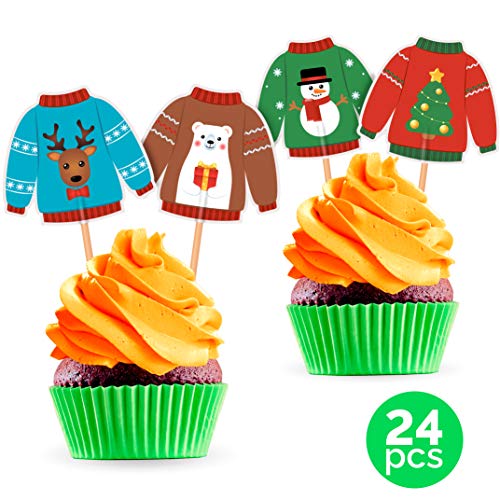 Product Cover Ugly Sweater Cupcake Toppers Cake Picks - Christmas Party Decorations Supplies Winter Holiday - 24 PCS