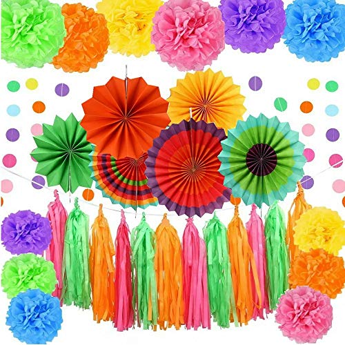 Product Cover Fasdu 34pcs Fiesta Party Decorations Include Multi-Color Paper Fans Tissue Pom Poms Flowers Circle Dot Garland and Tissue Paper Tassel for Wedding Decoration Birthday Party or Mexican Party
