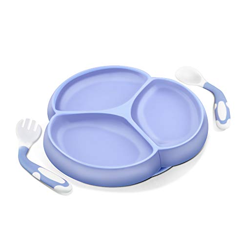 Product Cover Silicone Divided Suction Toddler Plates - 3 Pack - SILIVO Silicone Non-Slip Baby Plates with Suction BPA Free Plus Bendable Baby Feeding Spoon and Fork for Kids, Toddlers and Children - Blue