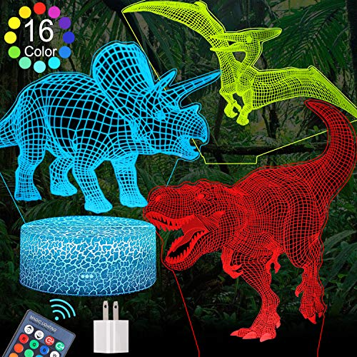 Product Cover FEOAMO 3D Dinosaur Night Light for Boys, 16-Colors and 3-Pattern with Remote Control, Dino Night Light, 3D Illusion Toy Lamp Nightlight, Gift for Boys Aged 4 5 6 7 8