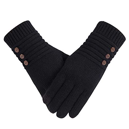 Product Cover Winter Wool Warm Gloves For Women, Anti-Slip Knit Touchscreen Thermal Cuff Snow Driving Gloves With Thick Thinsulate Lining (Black)
