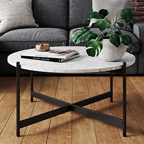 Product Cover Nathan James Piper Faux Marble Round Modern Living Room Coffee Table with Brass Metal Frame, Black