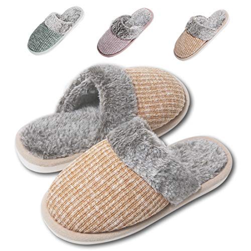 Product Cover Moregut Comfy Faux Fur Womens House Slippers with Knitted Upper & Cozy Memory Foam - Slip On Anti-Skid Sole Ladies Indoor Shoes Khaki