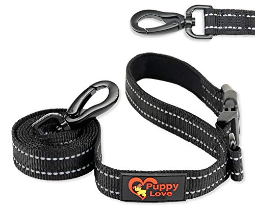 Product Cover Puppy Love Reflective Dog Leash for Medium and Large Dogs 5ft - Premium Clasp Soft Black Nylon with Metal D-Ring & New Easy Connect Buckle Padded Handle
