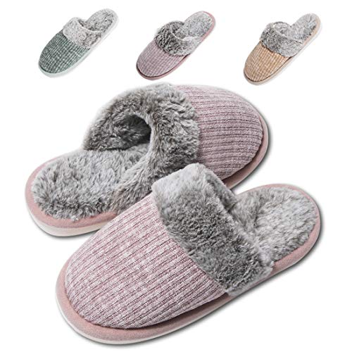 Product Cover Moregut Comfy Faux Fur Womens House Slippers with Knitted Upper & Cozy Memory Foam - Slip On Anti-Skid Sole Ladies Indoor Shoes Pink