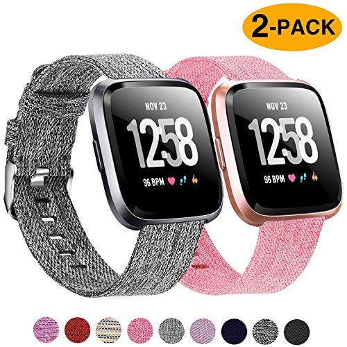 Product Cover Welltin 2 Pack Bands Compatible with Fitbit Versa/Fitbit Versa 2 / Fitbit Versa Lite for Women Men, Breathable Woven Fabric Strap, Adjustable Replacement Wristband for Fitbit Versa Smart Watch