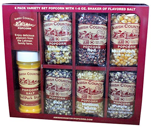 Product Cover Amish Country Popcorn - 6 (4 Oz Variety Gift Set with Buttersalt) - Old Fashioned, Non GMO, Gluten Free, Microwaveable, Stovetop and Air Popper Friendly