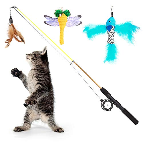Product Cover Pawaboo Cat Feather Teaser Wand Toy, 4 Pack Interactive Retractable Fishing Pole Wand Catcher Exerciser with Assorted Refills Fish, Dragonfly Worm with Bells, Fun Cat Kitten Kitty Playing Toy