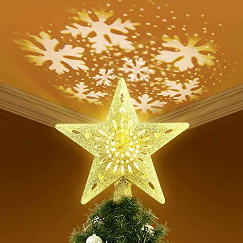 Product Cover KINGWILL Lighted Christmas Tree Toppers with Snowflake Projector, 2-in-1 Gold Glittered 5 Point 9.8 Inch Star Tree Topper Snowfall LED Lights, Night Light for Christmas Nursery Indoor Decoration