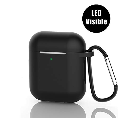 Product Cover AirPods Case, Silicone Protective Cover Compatible with Apple AirPods 1/2 Shock Resistant Waterproof AirPods Cover with Carabiner Anti-Lost Strap Anti-Dust Plug Front LED Indicator Visible(Black)