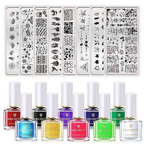 Product Cover BORN PRETTY Nail Art Stamping Tool Kit 8Pcs Image Stamp Plate with 10 Bottles 6ml Classic Stamping Polish DIY Nail Art Design