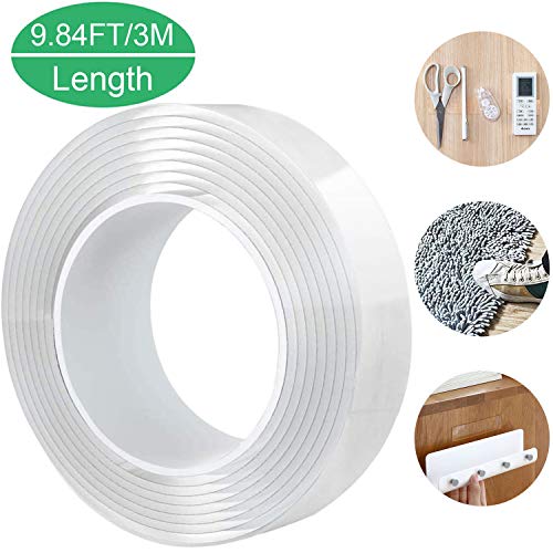 Product Cover Nano Tape Double Sided 9.84 Ft, Washable Traceless Removable Wall Adhesive Tape Reusable, Clear Gel Grip Carpet Tape