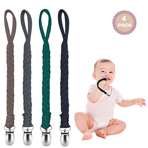 Product Cover Pacifier Clips for Boys and Girls, Baby Holder Leash, Baby and Toddler Pacifier Metal Clips, Baby Teether Toy, Handmade Pacifier Clips 4 Pack