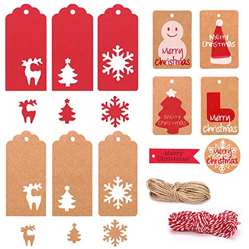 Product Cover KIPIDA 240 PCS Paper Tags Kraft Gift Tags Hang Labels,Christmas Tree Snowflake Reindeer Shapes with 65.6 Feet Twines String for DIY Arts and Crafts,Christmas and Holiday(12 Styles)