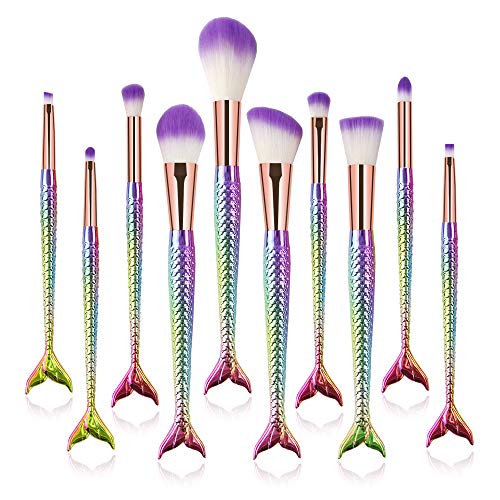 Product Cover Mermaid Makeup Brush Set, 10Pcs Premium Synthetic Professional Makeup Brushes Foundation Angled Coutour brush Concealer Shader Eyeshadow Face Brushes(Colorful)