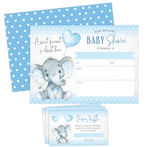 Product Cover Boy Elephant Baby Shower Invitations, Peanut Baby Shower Invites with Diaper Raffles Cards, Sprinkle, 20 Invites Including Envelopes
