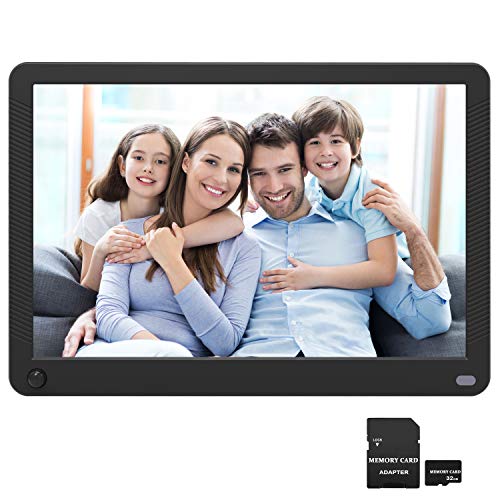 Product Cover Digital Picture Frame 10.1 Inch 1920x1080 Motion Sensor 16:9 IPS Screen, Photo Auto Rotate, Auto Turn On/Off, Auto Play Photo/Video/Music, Background Music, Digital Video Frame, Include 32GB SD Card