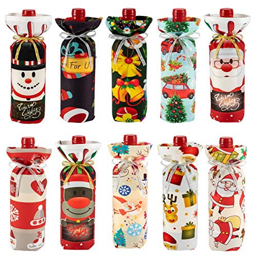 Product Cover ANPHSIN 10 Pcs Christmas Wine Bottle Cover- Santa Claus Snowman Bells Xmas Holiday Red Wine Gift Bags Champagne Holder for Christmas Party Kitchen Table Decoration