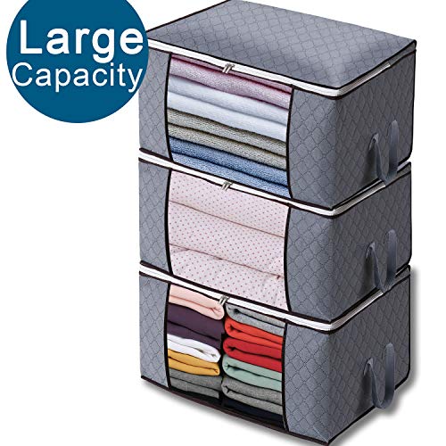 Product Cover 3PCS Storage Bag Organizers, Large Capacity Clothes Storage Bag for Closet Comforter, Bedding, Clothes, Blanket with Reinforced Handle Foldable for Closet and Underbed Storage (Grey)
