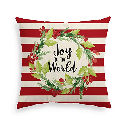 Product Cover AVOIN Christmas Joy to The World Pillow Cover Green Flower Wreath, 18 x 18 Inch Winter Holiday Linen Cushion Case Decoration for Sofa Couch