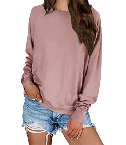 Product Cover KIRUNDO 2019 Women's Solid Sporty Sweatshirt Crew Neck Long Sleeves Pullover Ribbed Cuffs Hems Sweaters Outwear (Small, Pink)