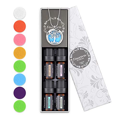 Product Cover Faurora Essential Oil Necklace Gift Set, Tree of Life Aromatherapy Diffuser Necklace with 4 Aroma Essential Oils (Lavender, Lemongrass, Peppermint and Sweet Orange), Nice Gifts for Women and Girls