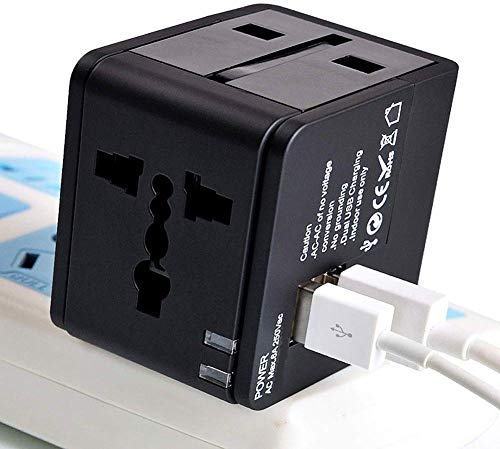 Product Cover eErlik Universal International Travel Adapter 2 Port/USB Worldwide AC Outlet Plugs for Europe, UK, US, AU, Asia Black,Universal Travel Adapter fit for Over 150 Countries All in one.