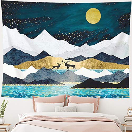 Product Cover Leipple Full Moon Mountain Tapestry Wall Hanging Dorm Decor - Psychedelic Deer and Stars Tapestry - Nature Landscape and River Tapestry for Living Room, Bedroom (Nature, 51''X59'')